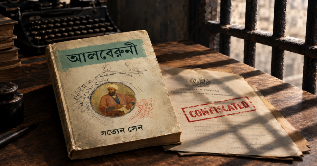 পাকিস্তান আমলে নিষেধাজ্ঞা ও বাজেয়াপ্তির মুখে পড়া সত্যেন সেনের ‘আলবেরুনী’-র প্রতীকী চিত্র।