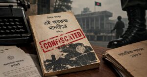 ১৯৮৩ সালে সামরিক শাসনের সময়ে মিনার মনসুরের ‘এই অবরুদ্ধ মানচিত্রে’ বাজেয়াপ্ত হওয়ার প্রতীকী চিত্র।